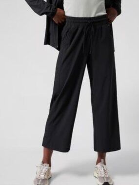 Athleta Avenue Wide Leg Crop Pant | Black | Petite 12P | Drawstring Travel Pant